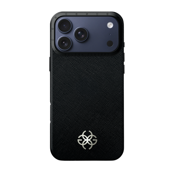 Golden Concept'дан iPhone 17 Pro uchun tabiiy charm, Saffiano Black rangli g'ilof